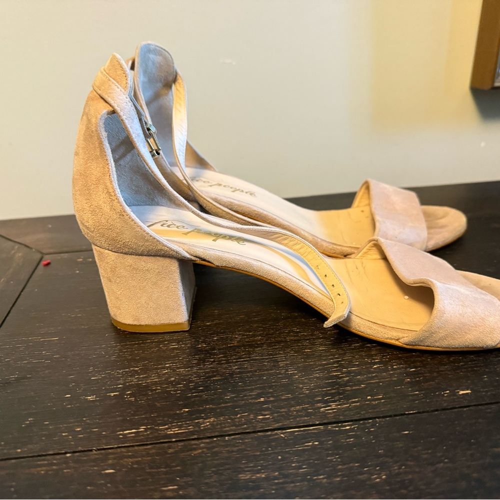 Free People Blush Suede Strappy Sandal with Ankle Strap and block heel